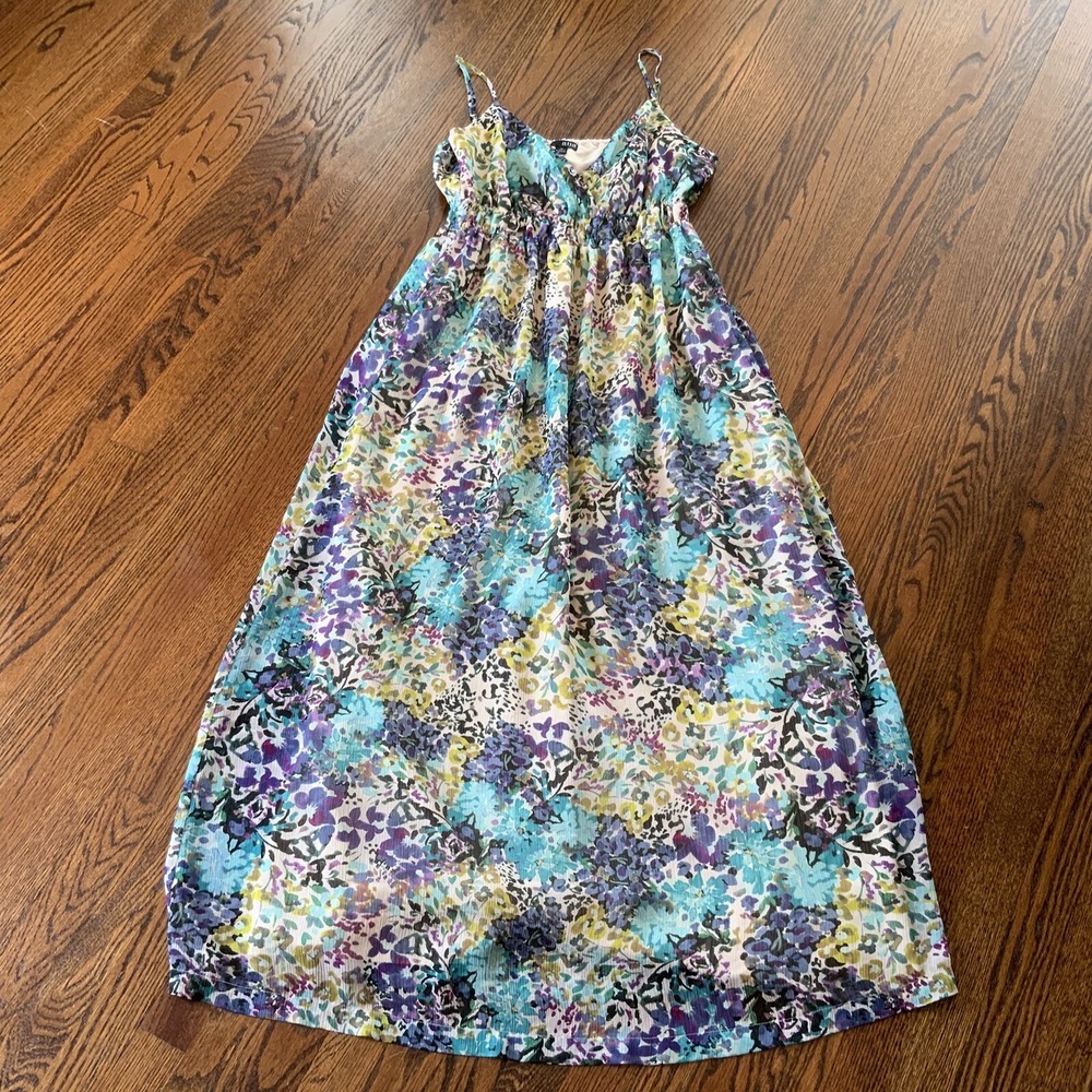 Womens Sz XL Maxi Dress Babydoll Colorful Floral Sheer Lined‎ Chiffon EUC
